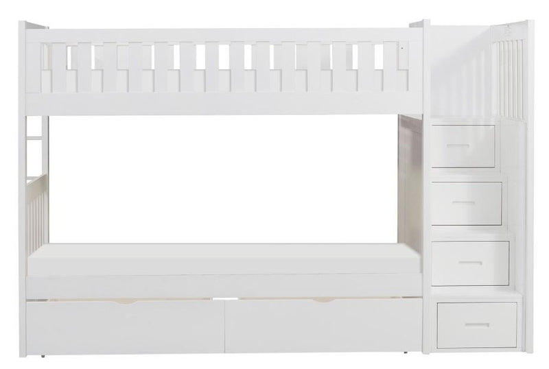 Galen Bunk Bed w/ Reversible Step Storage and Storage Boxes in White B2053SBW-1*T
